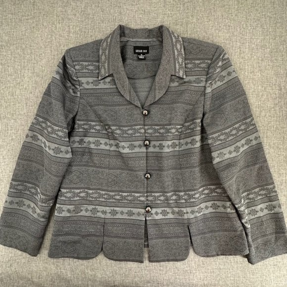 Leslie Fay Blazer Size 16 Gray Tapestry Pattern Buttons Long Sleeve
